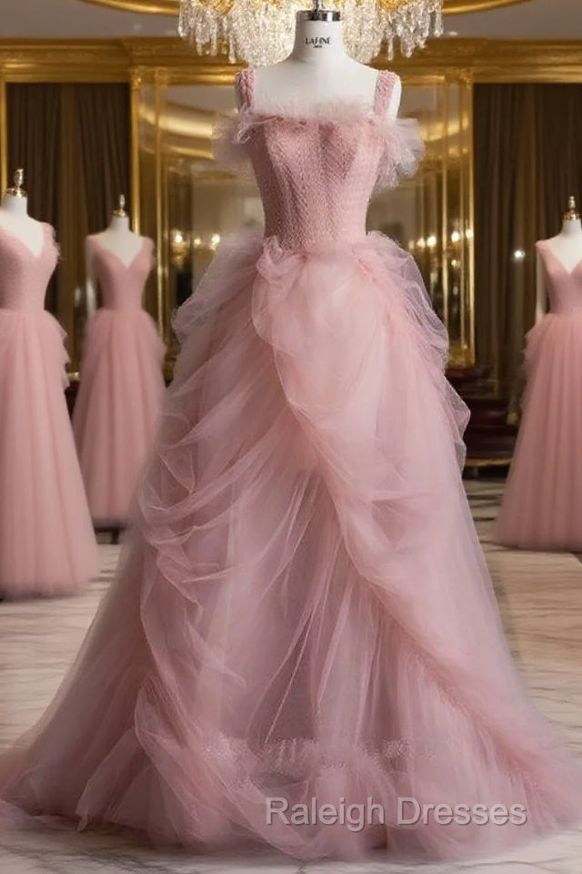 Fairy Ball Gown Straps Pink Tulle Prom Dresses For Teens