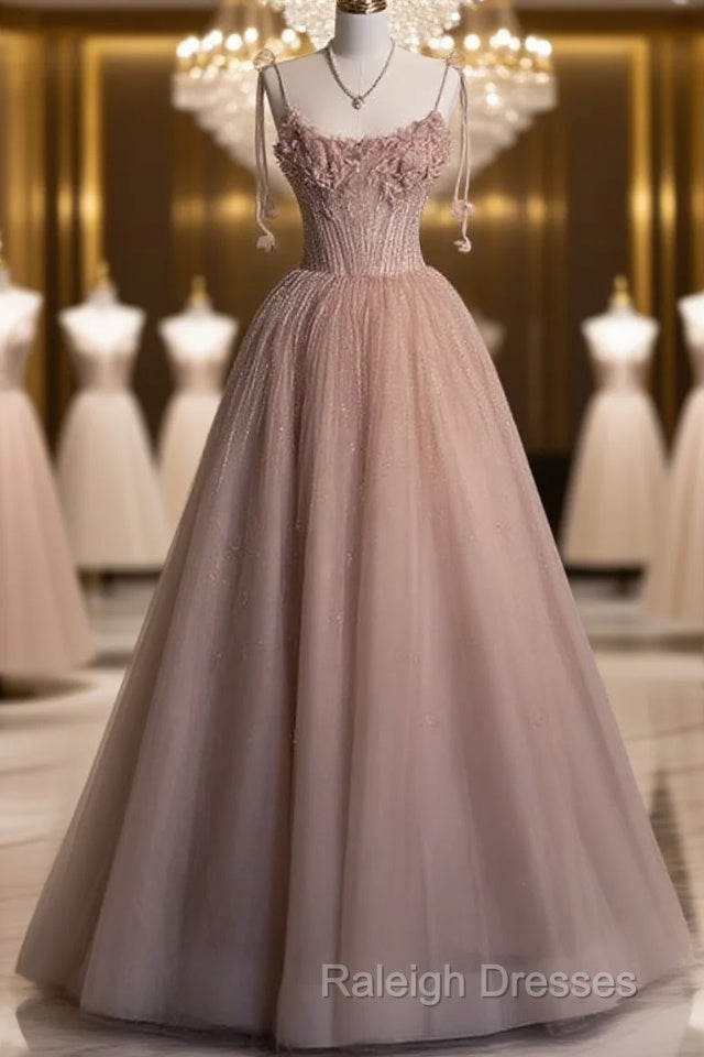 Fairy Ball Gown Straps Pink Tulle Prom Dresses Long Evening Dress