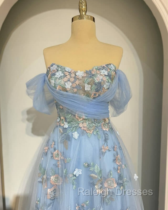Fairy Blue Tulle Off Shoulder Lace Embroidery Dress