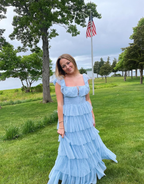 Fairy Sky Blue Sequare Neck Tiered Tulle Prom Dresses Long Prom Dresses