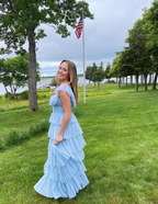 Fairy Sky Blue Sequare Neck Tiered Tulle Prom Dresses Long Prom Dresses
