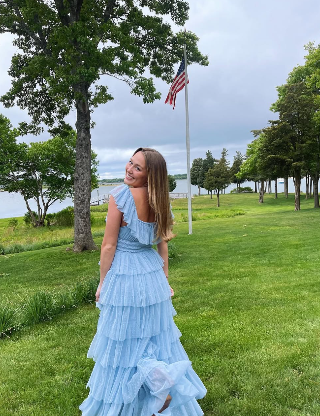 Fairy Sky Blue Sequare Neck Tiered Tulle Prom Dresses Long Prom Dresses