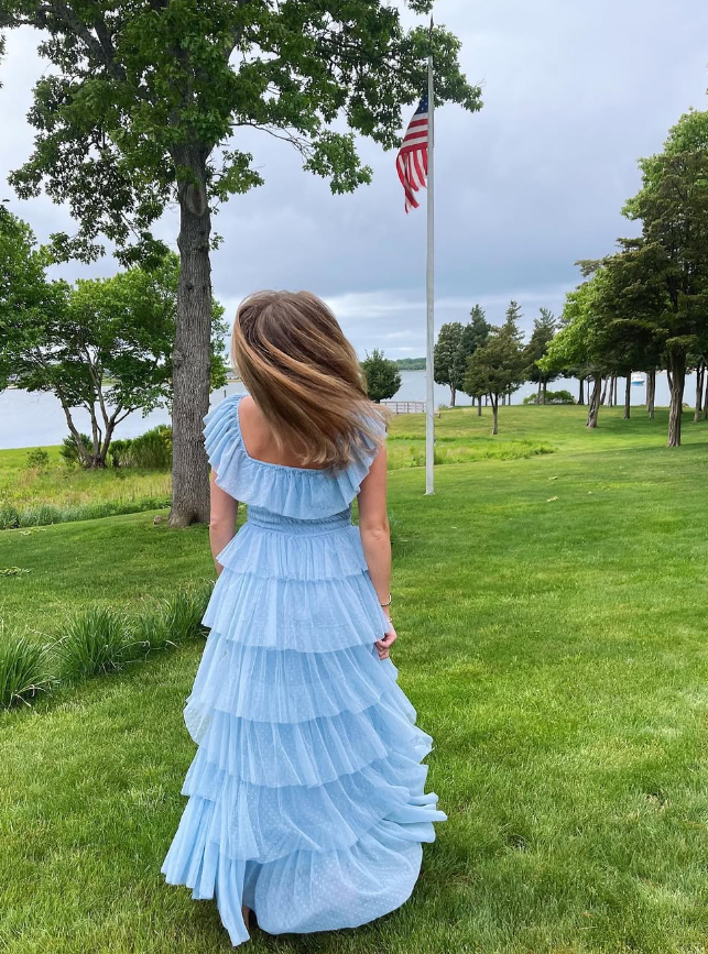 Fairy Sky Blue Sequare Neck Tiered Tulle Prom Dresses Long Prom Dresses