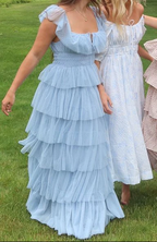 Fairy Sky Blue Sequare Neck Tiered Tulle Prom Dresses Long Prom Dresses