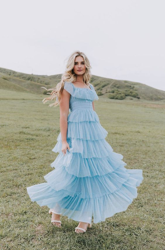 Fairy Sky Blue Sequare Neck Tiered Tulle Prom Dresses Long Prom Dresses