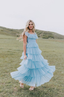Fairy Sky Blue Sequare Neck Tiered Tulle Prom Dresses Long Prom Dresses