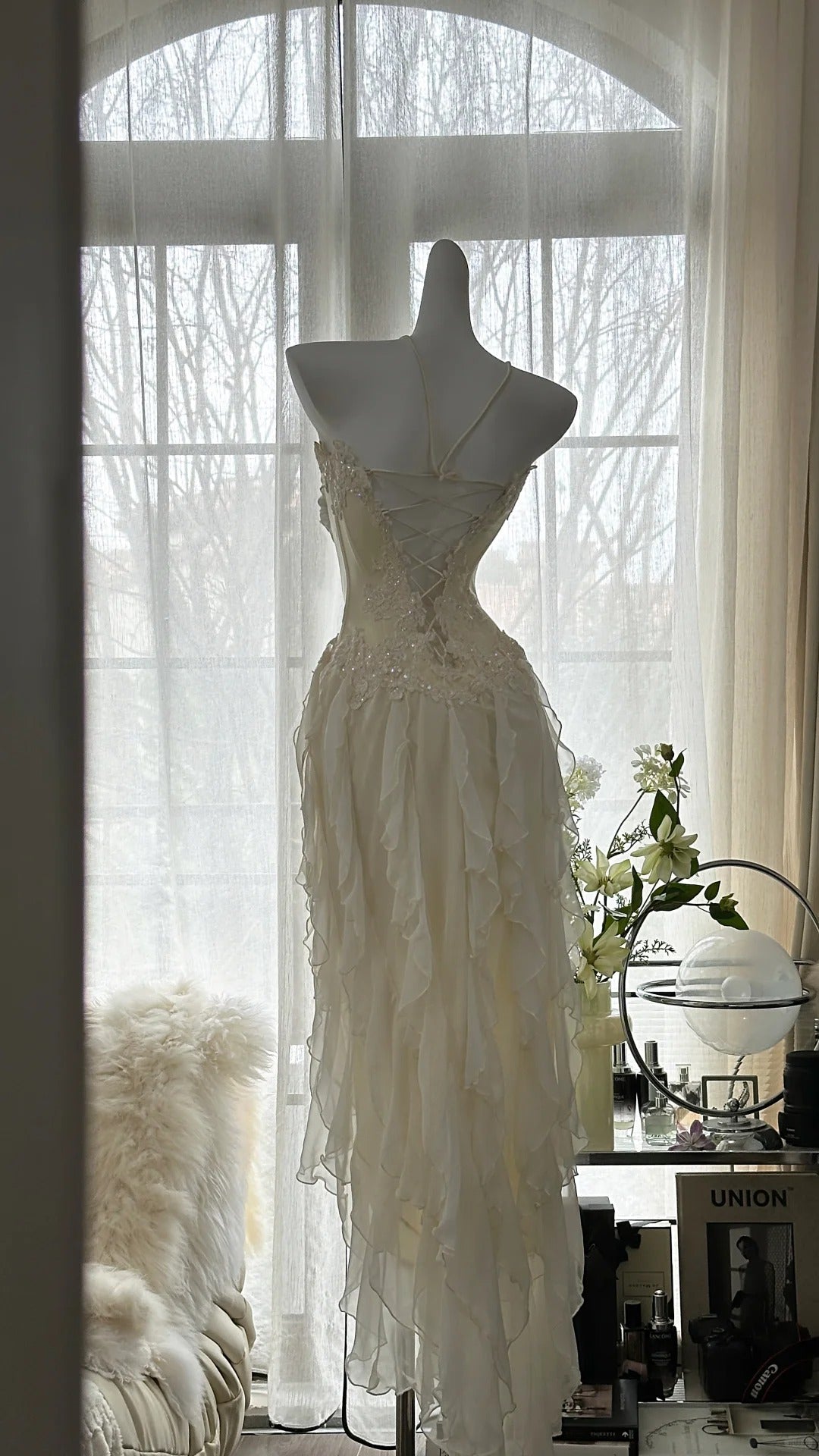 Fairy-Like Tube Top With Heart-Shaped Collar And Beaded Wood Ear Curled Skirt Chiffon Formal Prom Dress