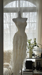 Fairy-Like Tube Top With Heart-Shaped Collar And Beaded Wood Ear Curled Skirt Chiffon Formal Prom Dress