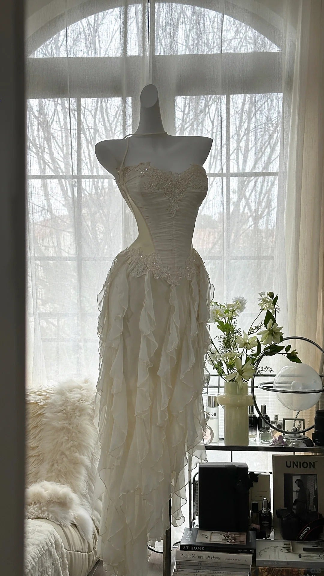 Fairy-Like Tube Top With Heart-Shaped Collar And Beaded Wood Ear Curled Skirt Chiffon Formal Prom Dress