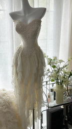 Fairy-Like Tube Top With Heart-Shaped Collar And Beaded Wood Ear Curled Skirt Chiffon Formal Prom Dress