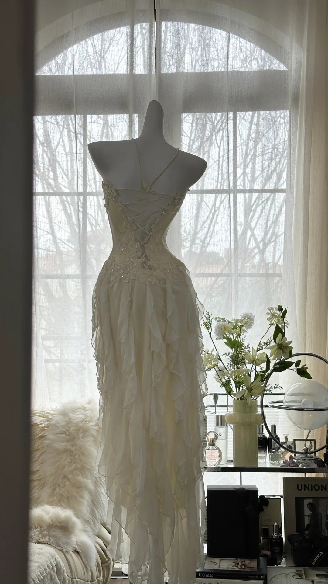 Fairy-Like Tube Top With Heart-Shaped Collar And Beaded Wood Ear Curled Skirt Chiffon Formal Prom Dress