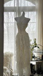 Fairy-Like Tube Top With Heart-Shaped Collar And Beaded Wood Ear Curled Skirt Chiffon Formal Prom Dress