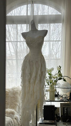 Fairy-Like Tube Top With Heart-Shaped Collar And Beaded Wood Ear Curled Skirt Chiffon Formal Prom Dress