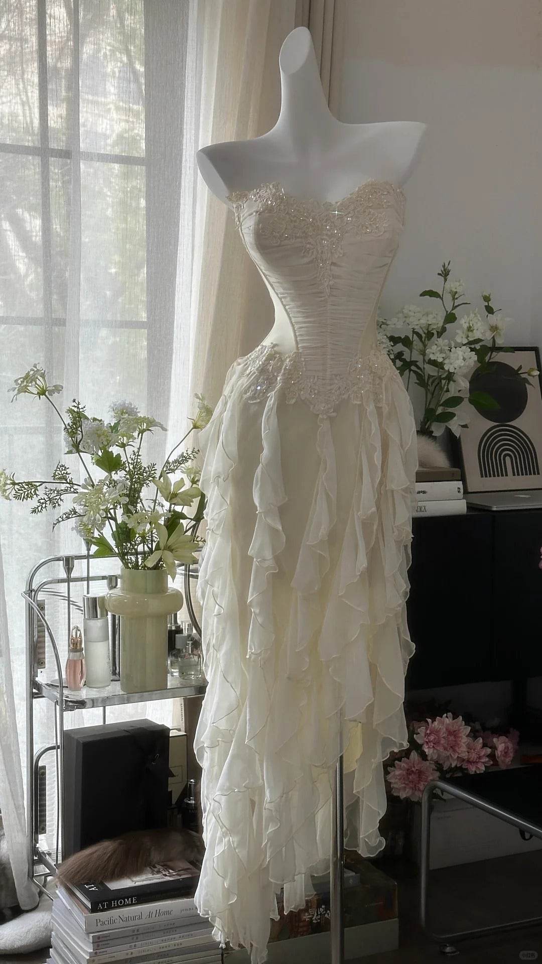 Fairy-Like Tube Top With Heart-Shaped Collar And Beaded Wood Ear Curled Skirt Chiffon Formal Prom Dress