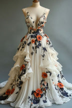 Fairytale A-Line Prom Dress For Wedding Chiffon 3D Applique Prom Dress