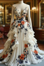 Fairytale A-Line Prom Dress For Wedding Chiffon 3D Applique Prom Dress