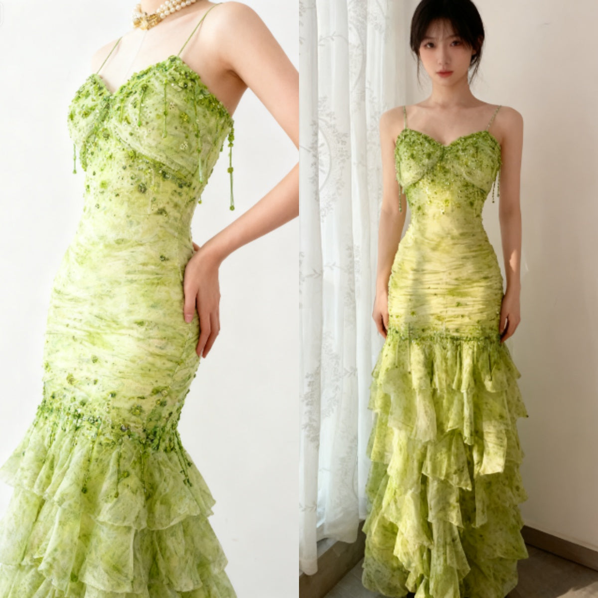 Fairytale Green Mermaid Vintage Prom Dress Sweetheart Chiffon Beaded Layed Prom Dress