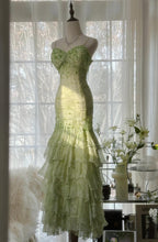 Fairytale Green Mermaid Vintage Prom Dress Sweetheart Chiffon Beaded Layed Prom Dress