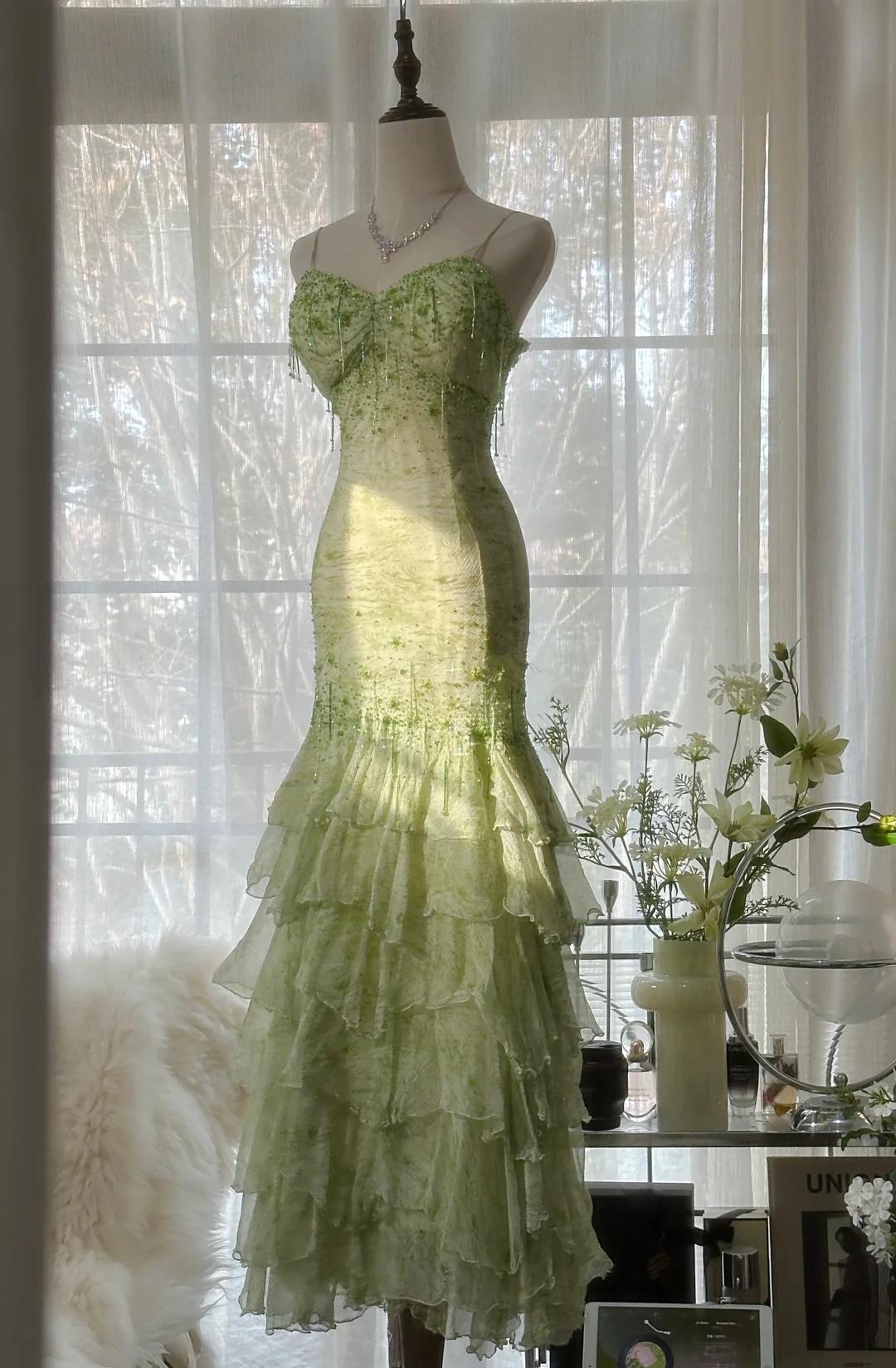 Fairytale Green Mermaid Vintage Prom Dress Sweetheart Chiffon Beaded Layed Prom Dress