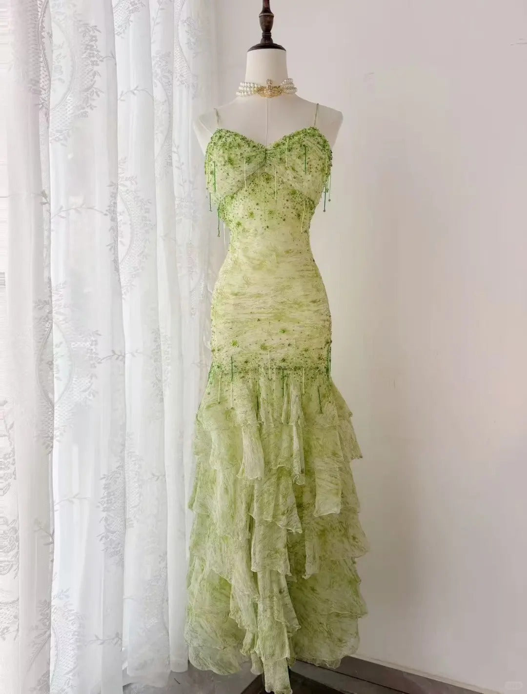 Fairytale Green Mermaid Vintage Prom Dress Sweetheart Chiffon Beaded Layed Prom Dress