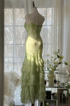 Fairytale Green Mermaid Vintage Prom Dress Sweetheart Chiffon Beaded Layed Prom Dress