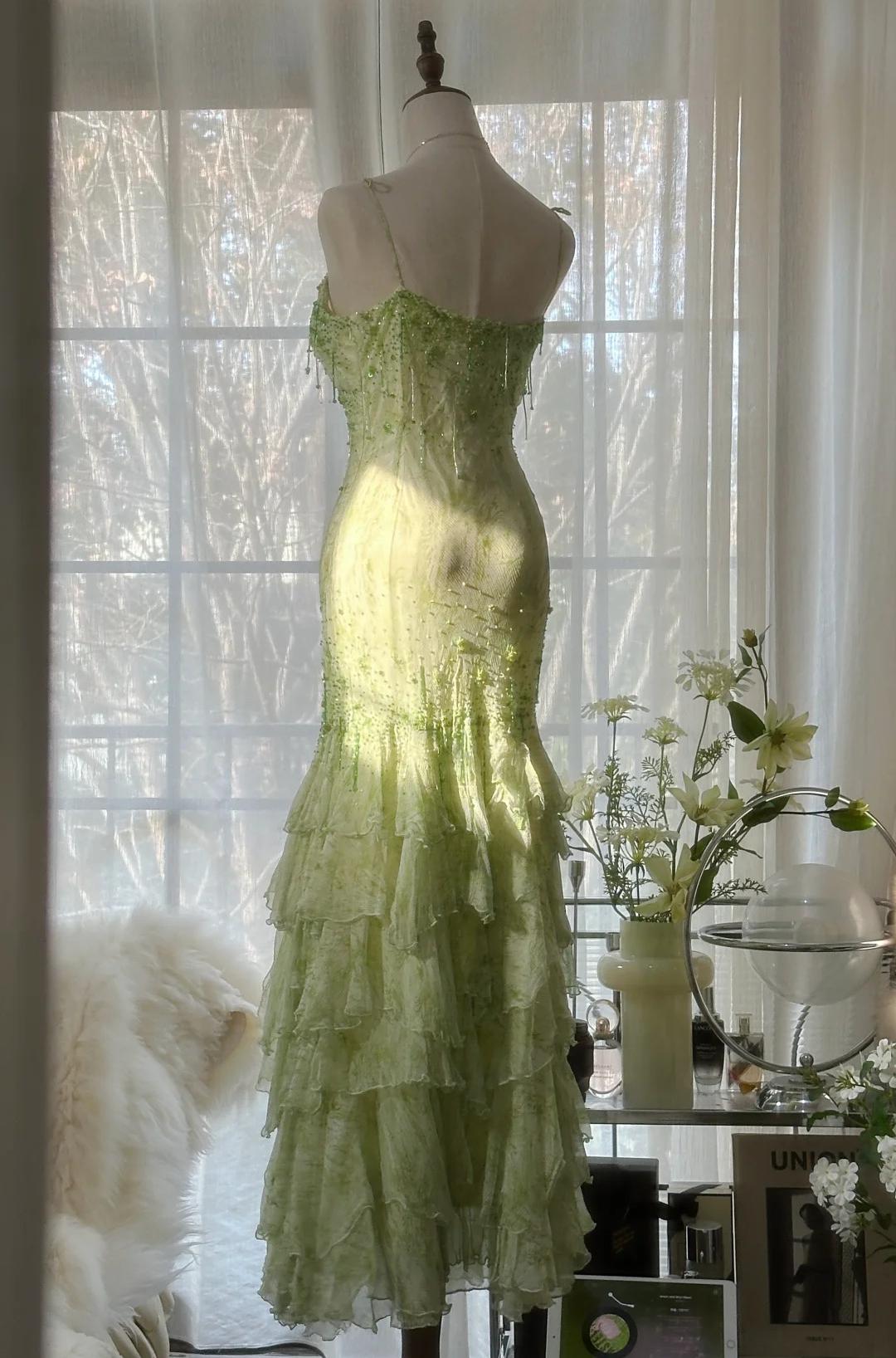 Fairytale Green Mermaid Vintage Prom Dress Sweetheart Chiffon Beaded Layed Prom Dress