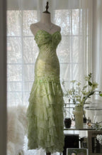 Fairytale Green Mermaid Vintage Prom Dress Sweetheart Chiffon Beaded Layed Prom Dress