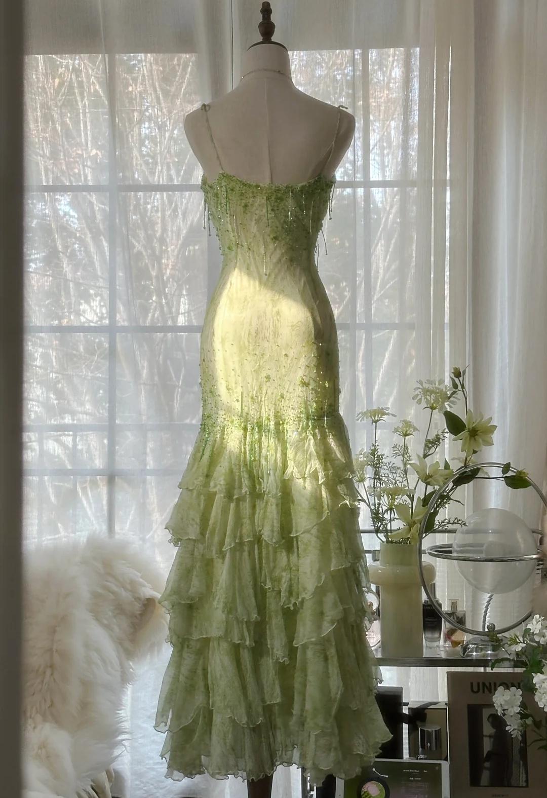 Fairytale Green Mermaid Vintage Prom Dress Sweetheart Chiffon Beaded Layed Prom Dress