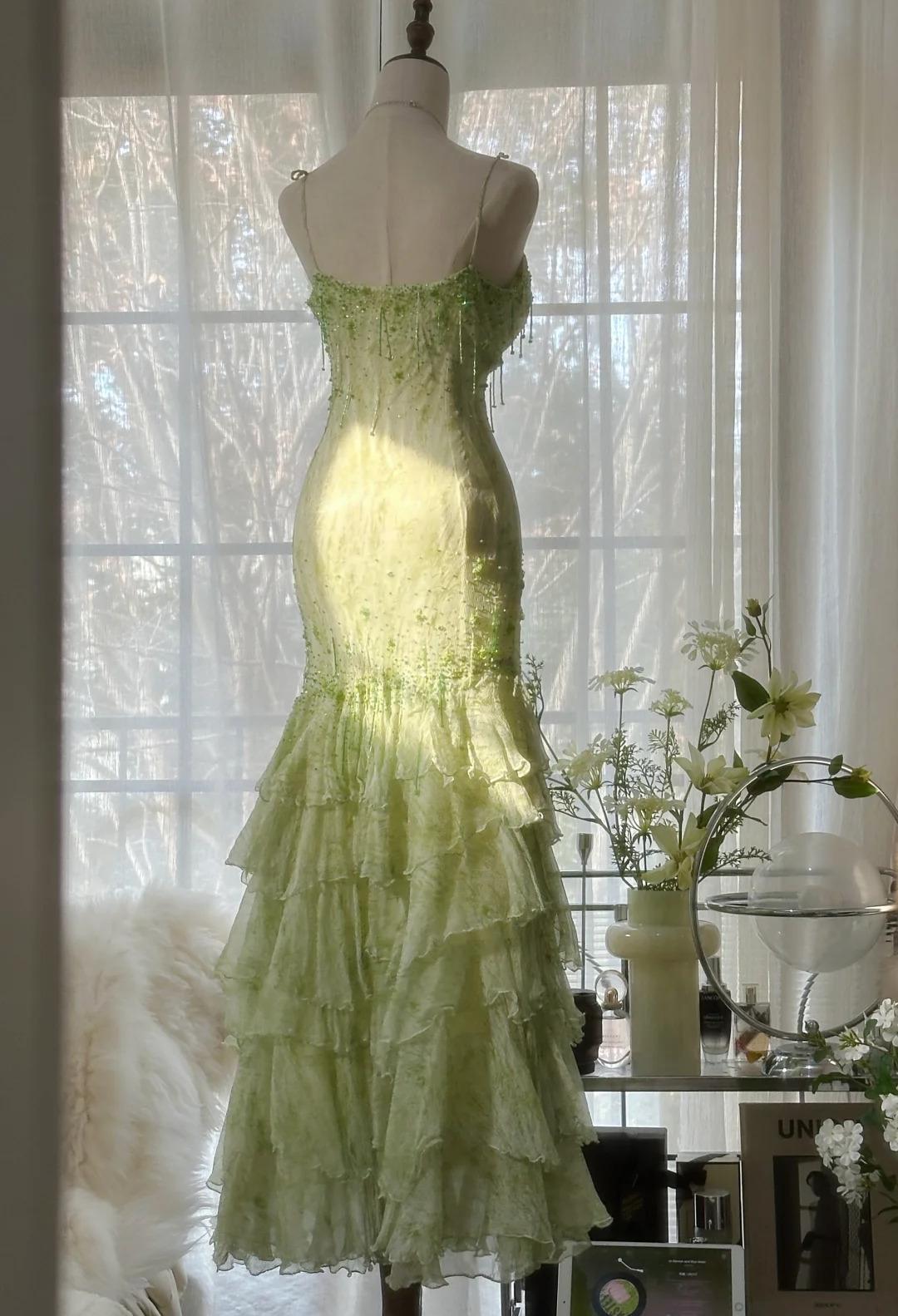 Fairytale Green Mermaid Vintage Prom Dress Sweetheart Chiffon Beaded Layed Prom Dress