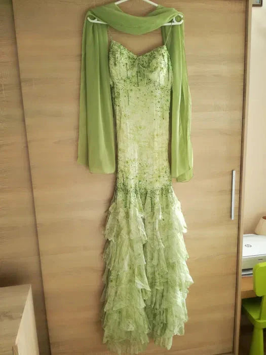 Fairytale Green Mermaid Vintage Prom Dress Sweetheart Chiffon Beaded Layed Prom Dress