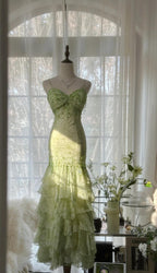 Fairytale Green Mermaid Vintage Prom Dress Sweetheart Chiffon Beaded Layed Prom Dress