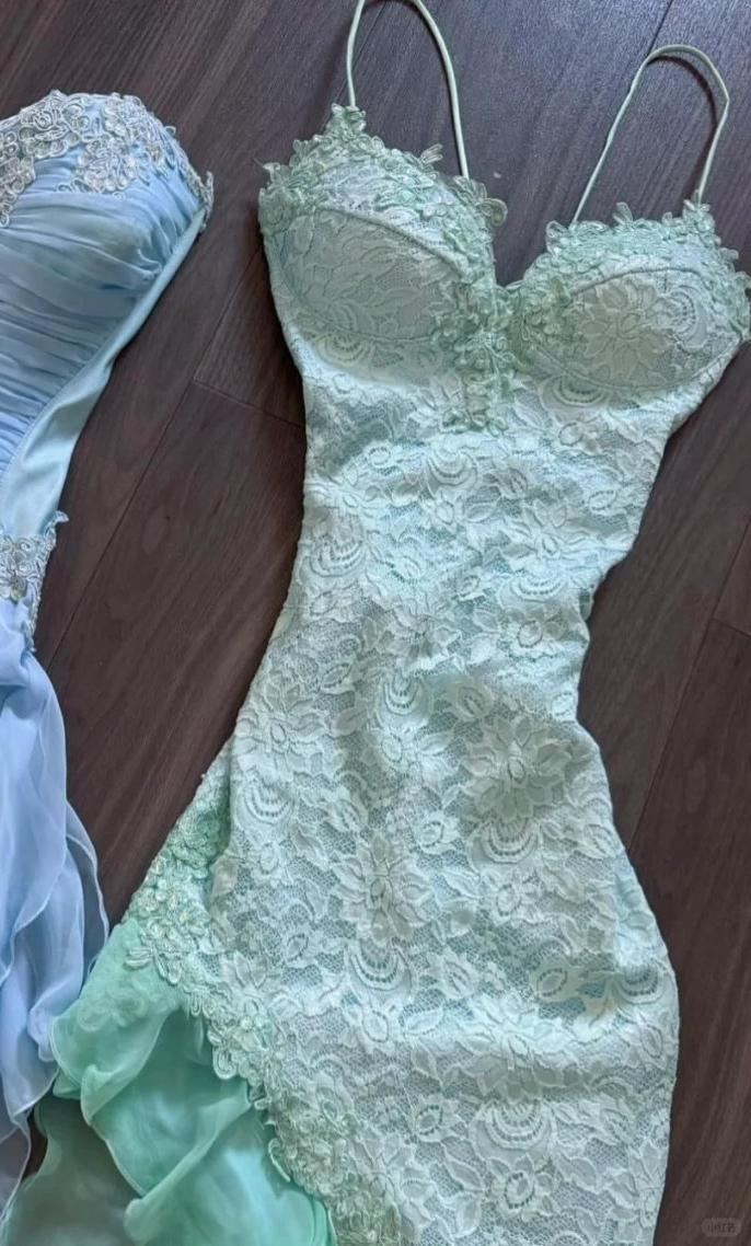 Fairytale Mint Green Spaghetti Straps Bodycon Chiffon Prom Dress Lace Applique Sweet Prom Dress