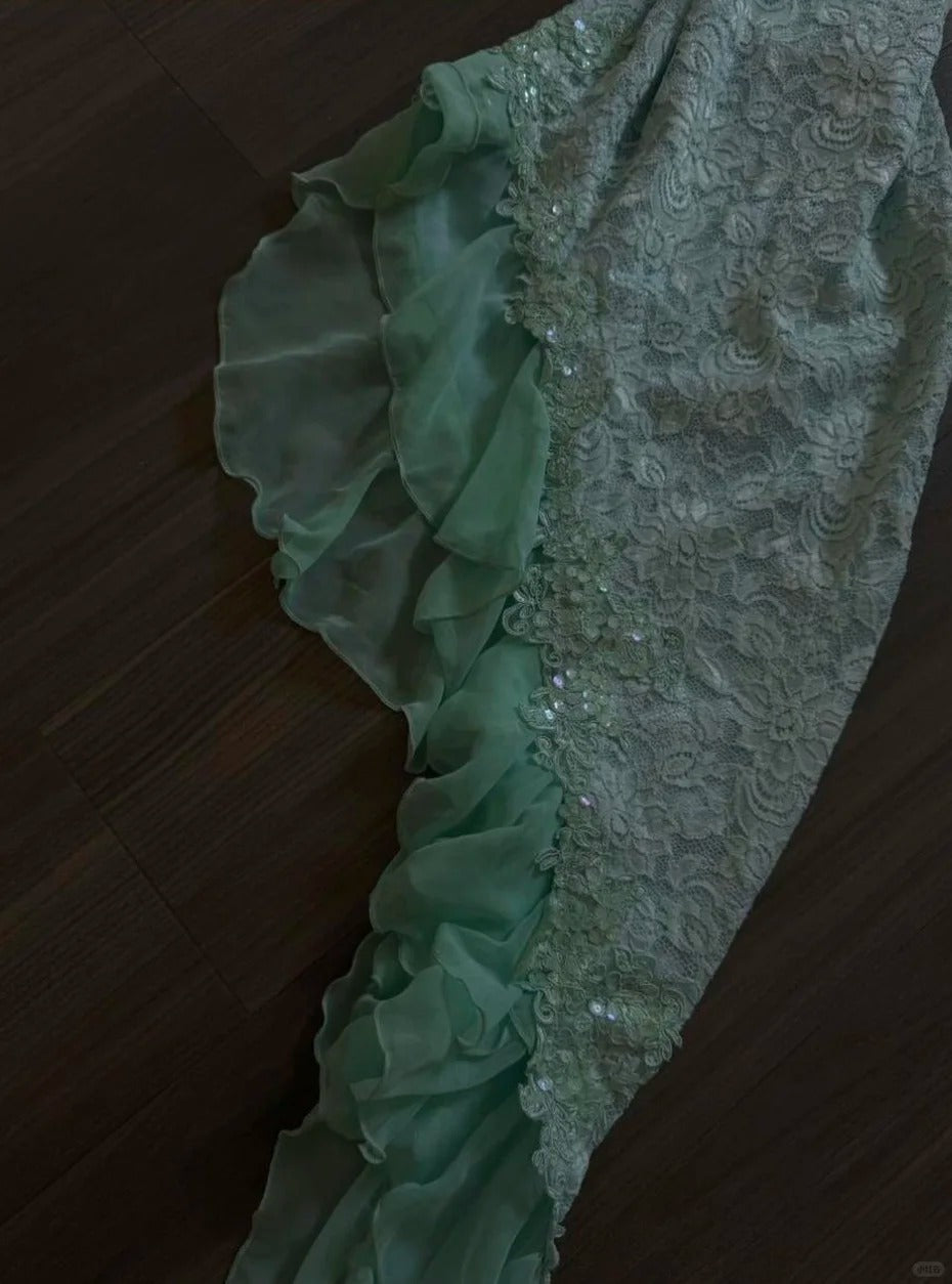 Fairytale Mint Green Spaghetti Straps Bodycon Chiffon Prom Dress Lace Applique Sweet Prom Dress