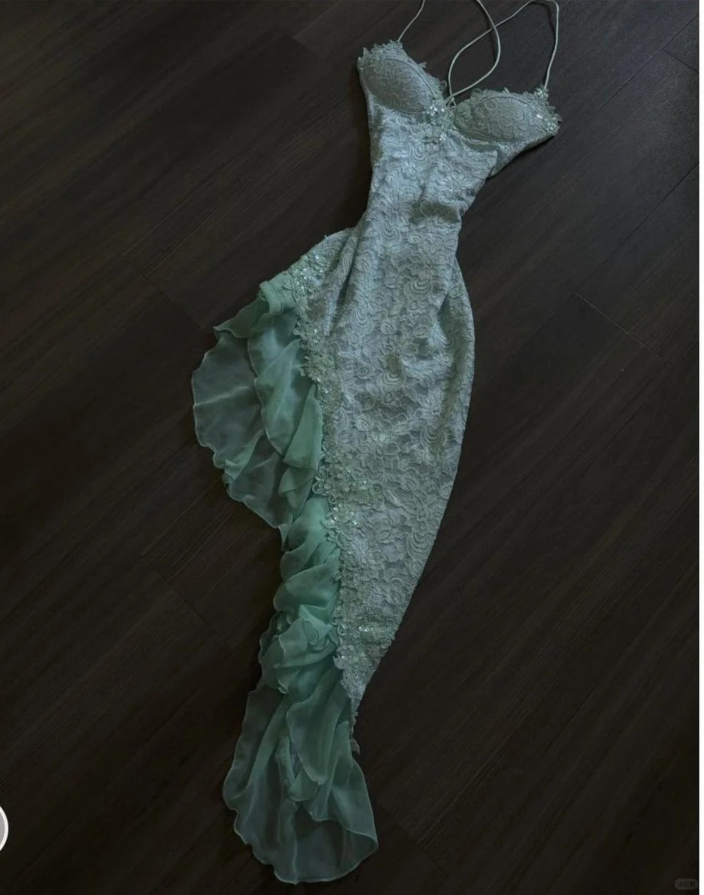 Fairytale Mint Green Spaghetti Straps Bodycon Chiffon Prom Dress Lace Applique Sweet Prom Dress