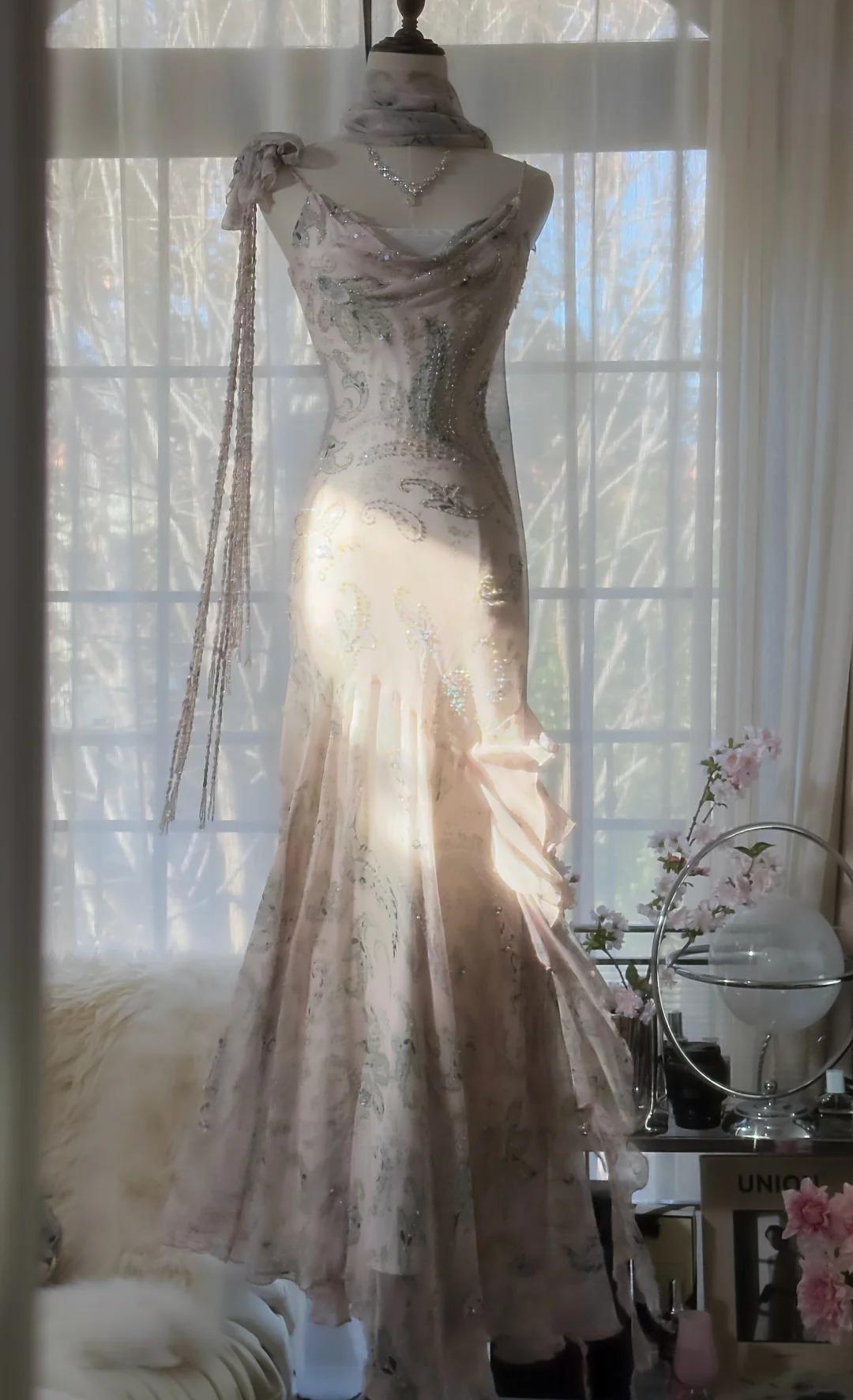 E??? Fairytale Pink Spaghetti Straps Mermaid Prom Gown Vintage Elegant Beaded Silk Prom Dresses Long Guest Dress Main image