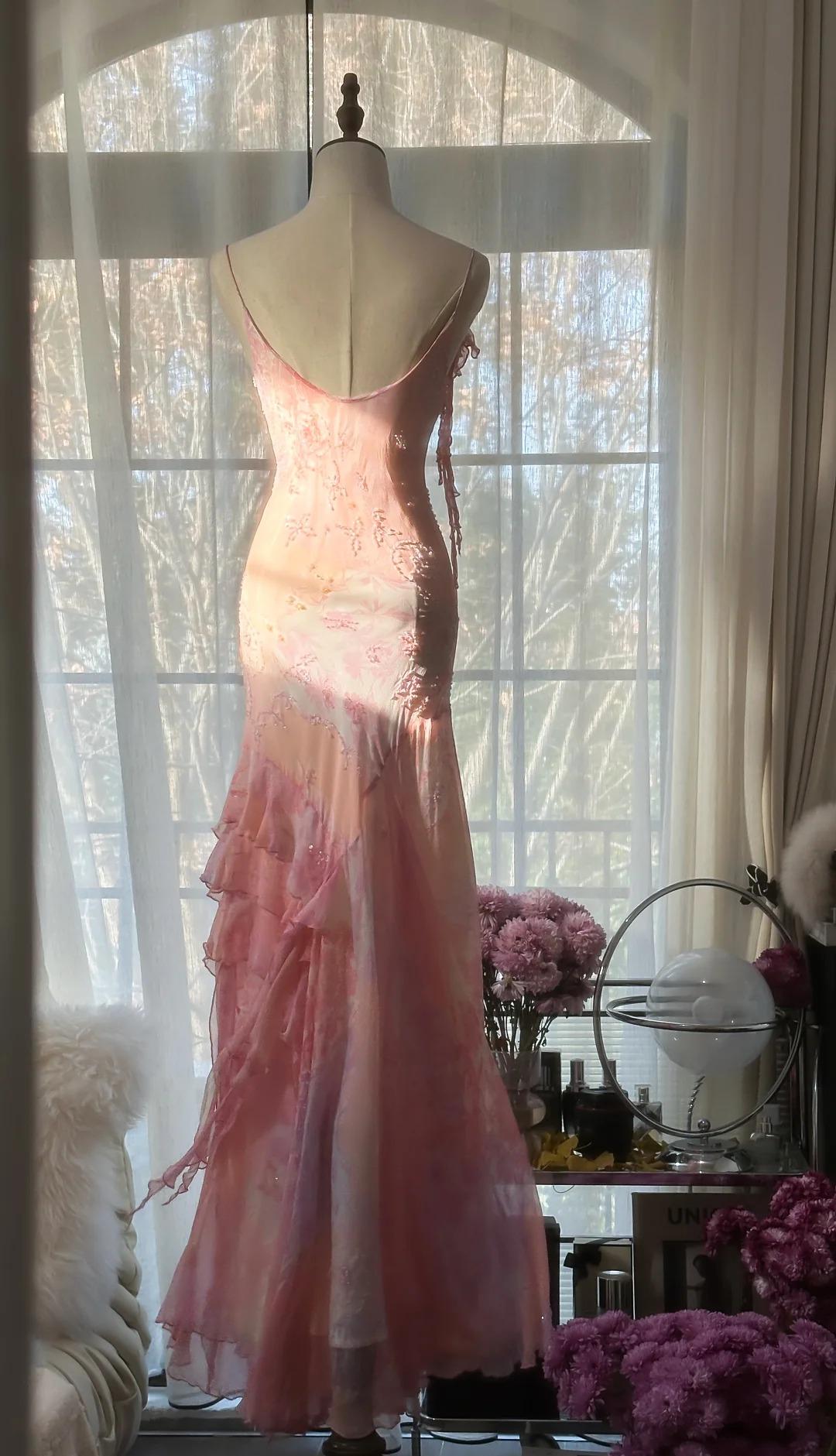 Vintage Pink Spaghetti Strap Mermaid Prom Dress Fairytale Chiffon Beaded Long Prom Dress Secondary image
