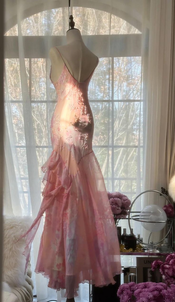 Fairytale Pink Mermaid Spaghetti Strap Beaded Ruffle Chiffon Prom Dresses