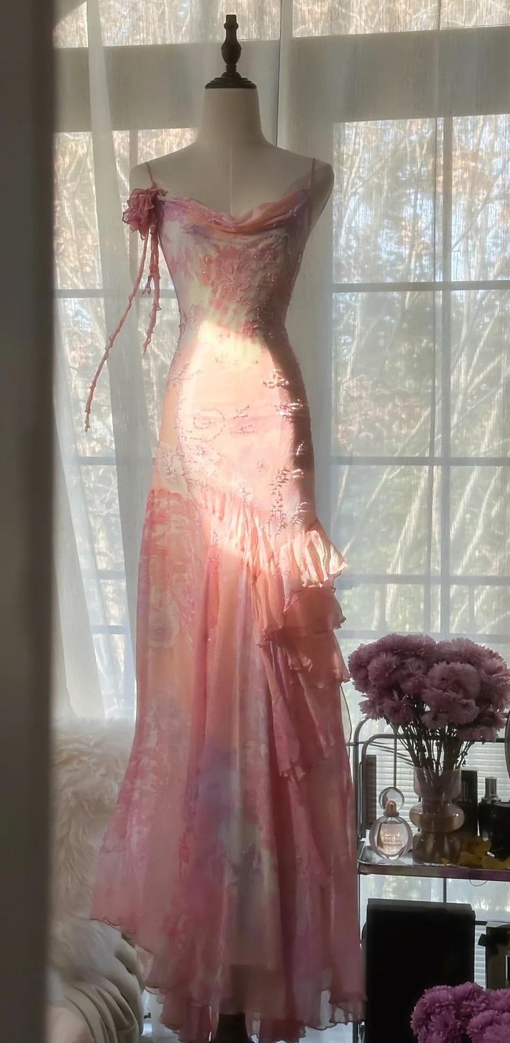 Fairytale Pink Mermaid Spaghetti Strap Beaded Ruffle Chiffon Prom Dresses