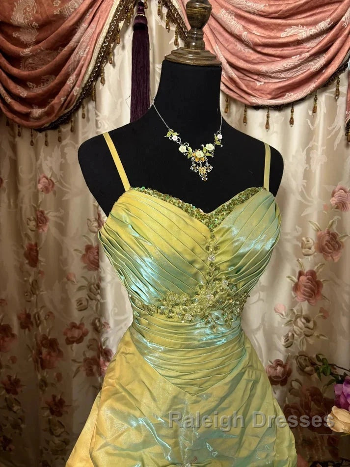 Fairytale Sage A-Line Mask Prom Dress Beaded Satin Evening Gown For Birthady&Graduation