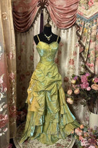 Fairytale Sage A-Line Mask Prom Dress Beaded Satin Evening Gown For Birthady&Graduation