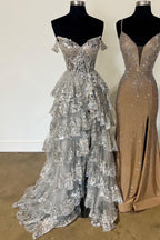 Fairytale Sequin-Embroidery Off-The-Shoulder Tiered Prom Dresses Long With Slit