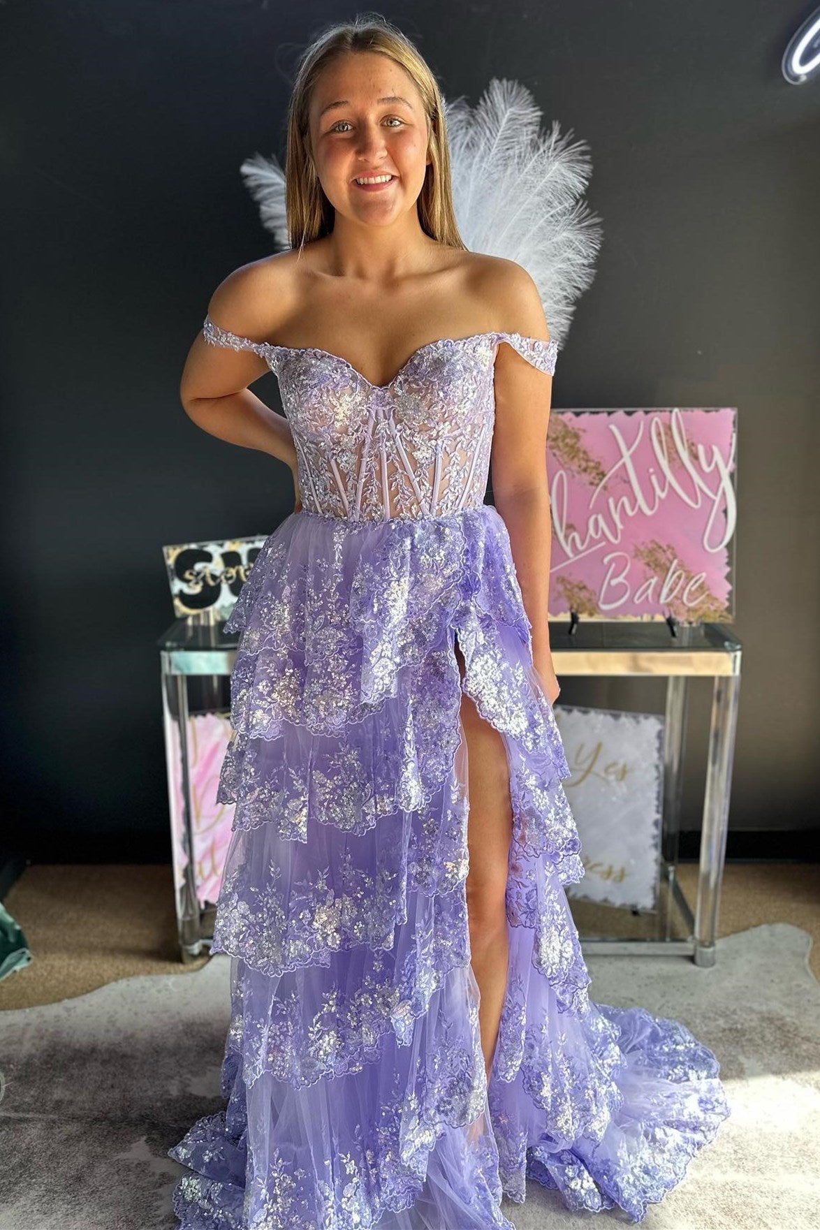 Fairytale Sequin-Embroidery Off-The-Shoulder Tiered Prom Dresses Long With Slit