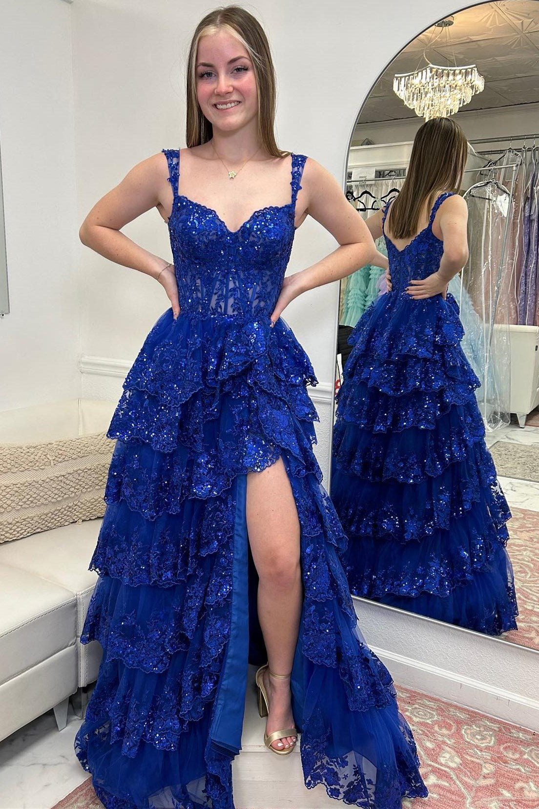 Fairytale Sequin-Embroidery Off-The-Shoulder Tiered Prom Dresses Long With Slit
