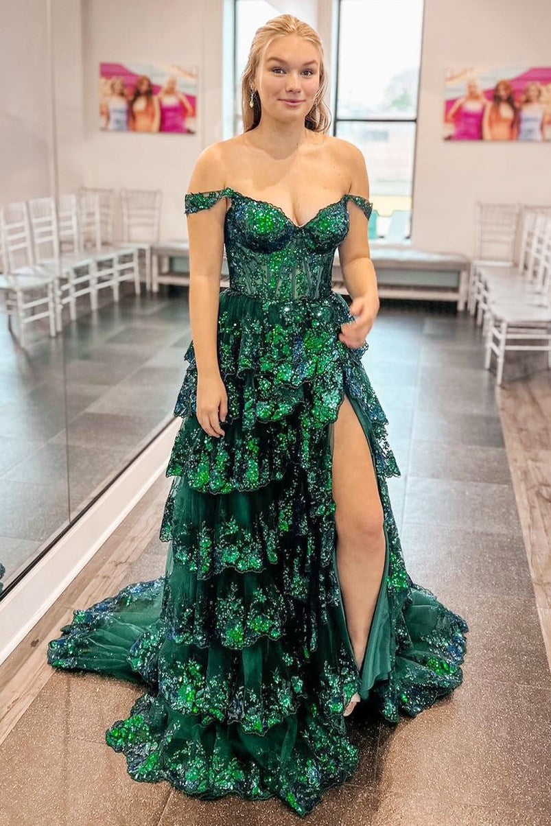 Fairytale Sequin-Embroidery Off-The-Shoulder Tiered Prom Dresses Long With Slit