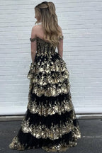 Fairytale Sequin-Embroidery Off-The-Shoulder Tiered Prom Dresses Long With Slit