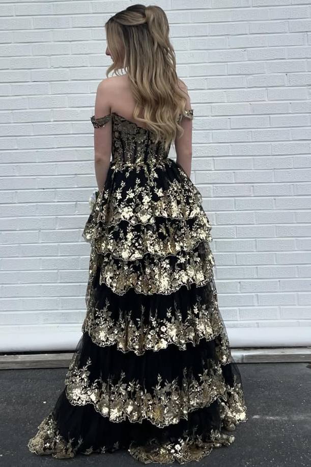 Fairytale Sequin-Embroidery Off-The-Shoulder Tiered Prom Dresses Long With Slit