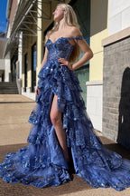 Fairytale Sequin-Embroidery Off-The-Shoulder Tiered Prom Dresses Long With Slit