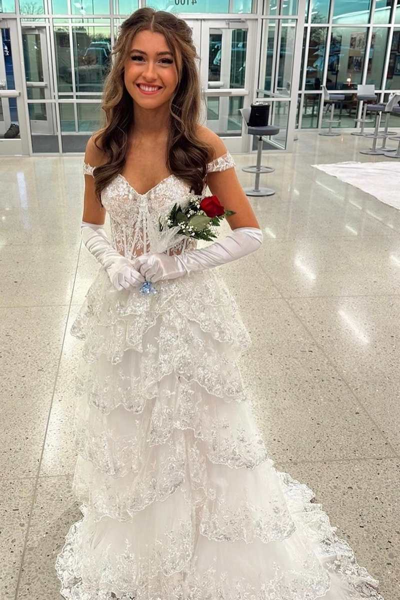 Fairytale Sequin-Embroidery Off-The-Shoulder Tiered Prom Dresses Long With Slit