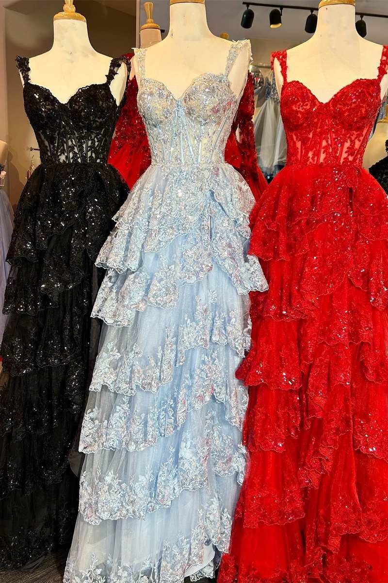 Fairytale Sequin-Embroidery Off-The-Shoulder Tiered Prom Dresses Long With Slit