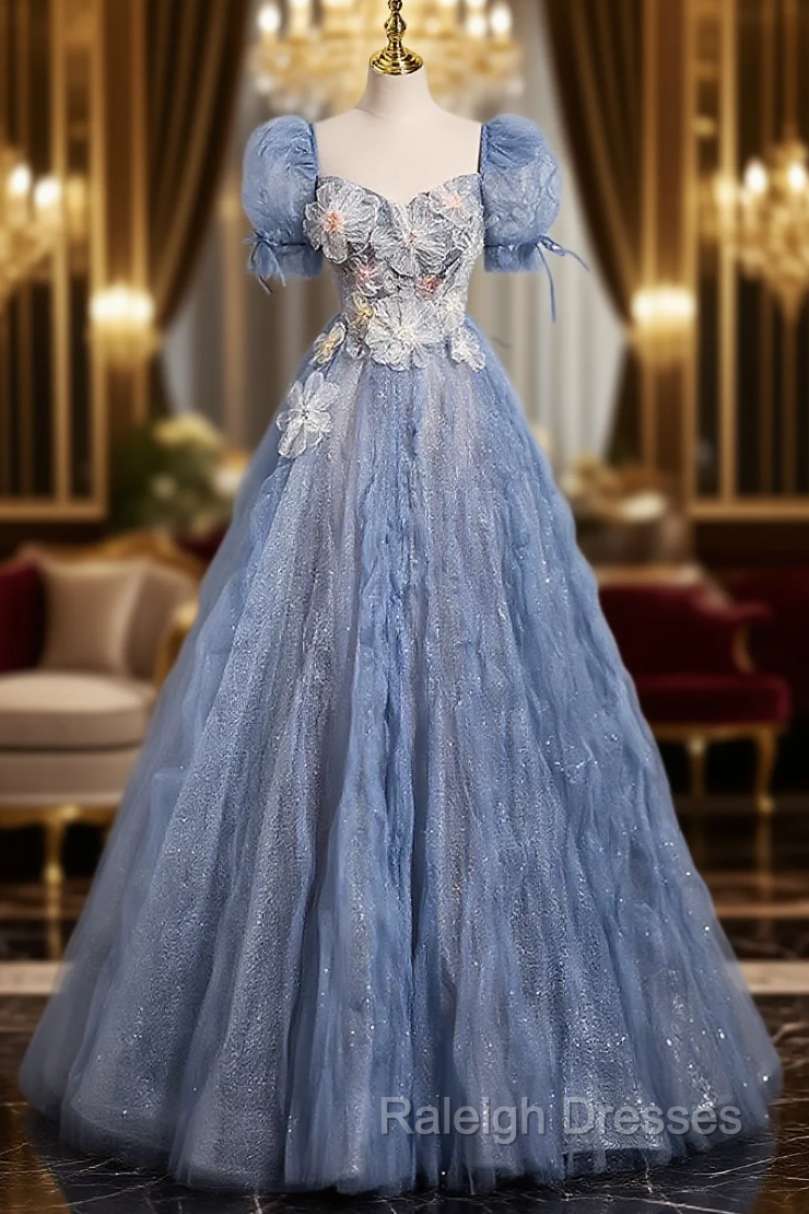 Fancy Blue Tulle Puff Sleeve Flower Prom Dress
